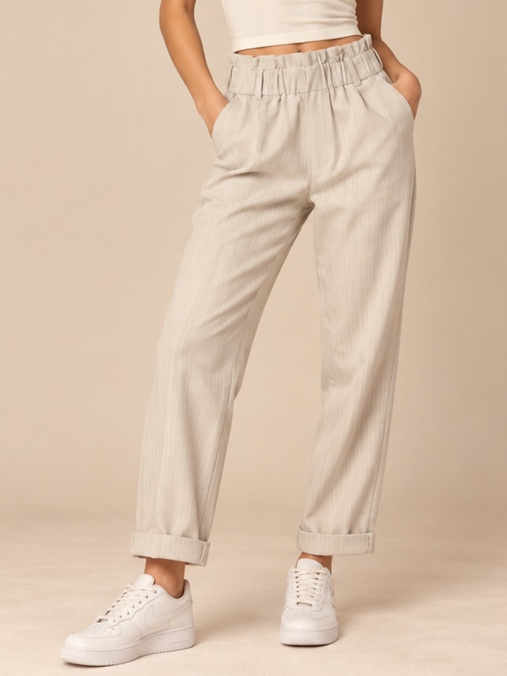 SO Goods For Life Beige Paperbag Waist Tapered Pants XS